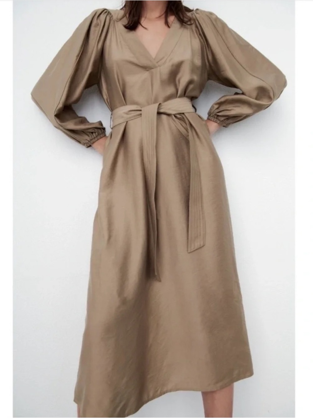 Zara Belted Midi V-neck Dress in Taupe Brown Flowy Puff Sleeve